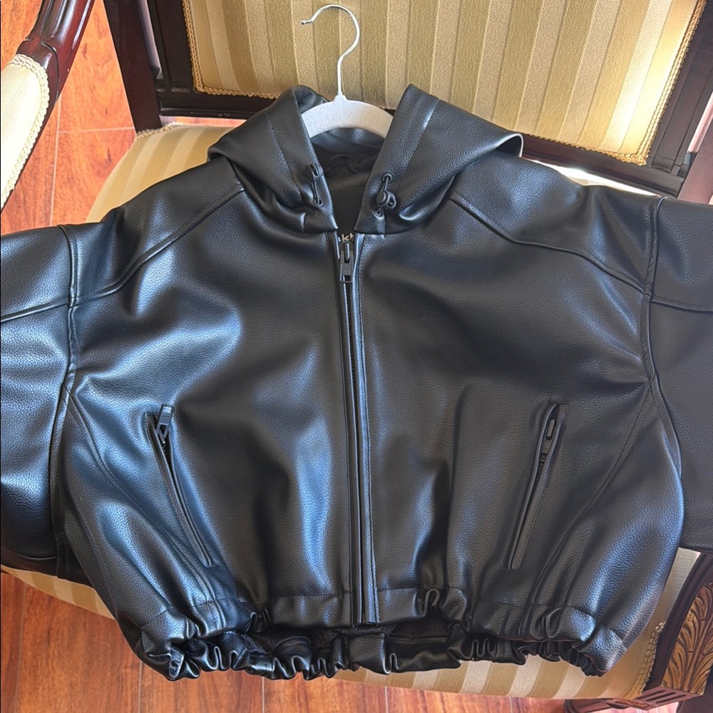 Cropped Black Faux-Leather Hooded Zip Jacket